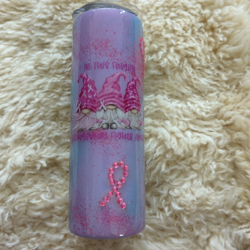 Breast Cancer Themed 20 Oz Skinny Tumbler Stainless Steel Gnomes 3D Handmade